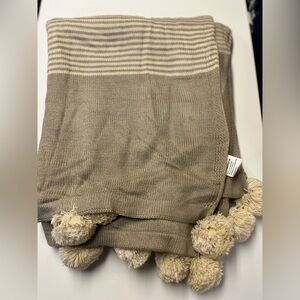 Crate and Barrel Striped Taupe Pom-Pom Throw